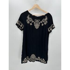 Lulu's Mini Dress Women Black Embroidered Shift Boho Size Large Vaca Cruise